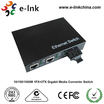 1 porta de fibra + 2 portas RJ45 Conversor de Mídia Gigabit Ethernet