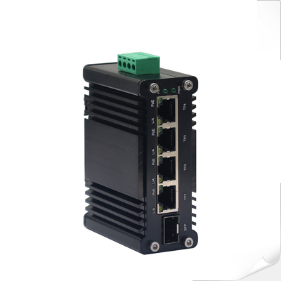 Mini Switch Ethernet Industrial 4 Portas 10/100/1000T 802.3at PoE + 1 Porta 100/1000X SFP com Entrada 12~48VDC e Reforçador de Tensão
