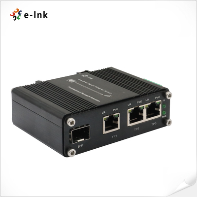 Mini Industrial 3-Port 10/100/1000T 802.3at PoE + 1-Port 100/1000X SFP Ethernet Switch com 12 ~ 48VDC Input e Voltage Booster