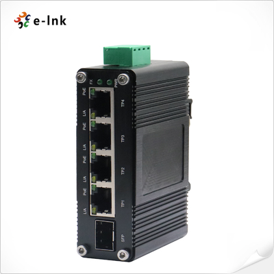 Mini Switch Ethernet Industrial 4 Portas 10/100/1000T 802.3at PoE + 1 Porta 100/1000X SFP com Entrada 12~48VDC e Reforçador de Tensão