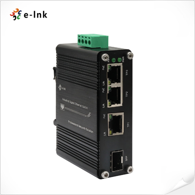 Mini Industrial 3-Port 10/100/1000T 802.3at PoE + 1-Port 100/1000X SFP Ethernet Switch com 12 ~ 48VDC Input e Voltage Booster