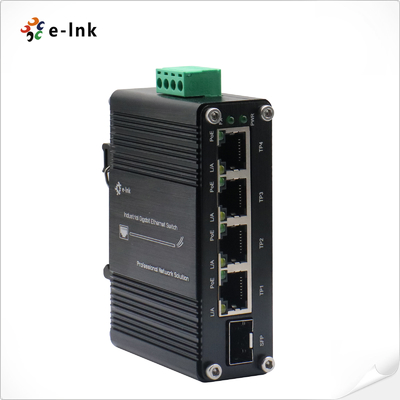 Mini Switch Ethernet Industrial 4 Portas 10/100/1000T 802.3at PoE + 1 Porta 100/1000X SFP com Entrada 12~48VDC e Reforçador de Tensão